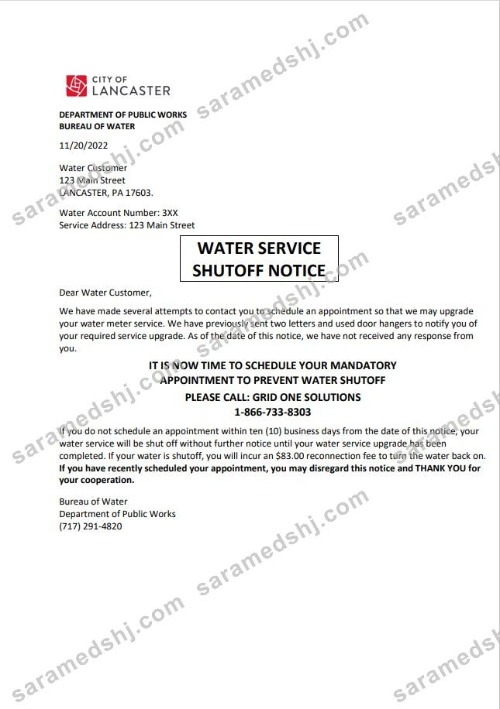 USA Lancaster Water service utility bill shutoff notice, Word and PDF template